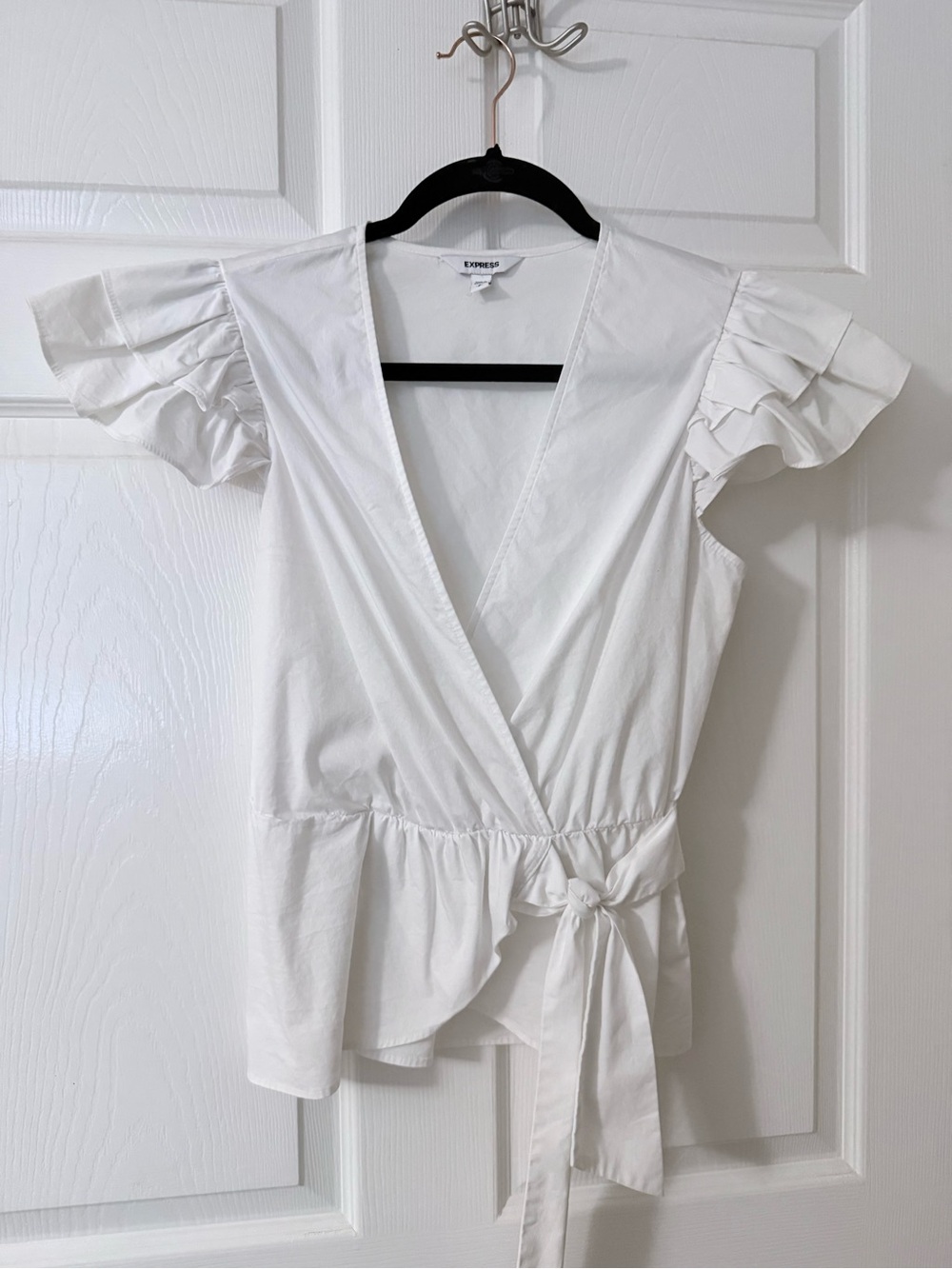 Express White Wrap Blouse with Ruffle Cap Sleeves and Tie